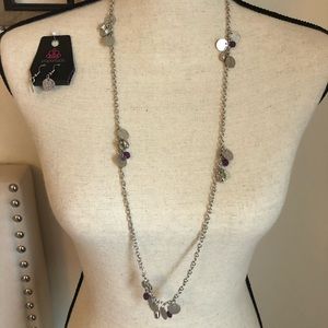 Flirty long silver & purple necklace w/ earrings